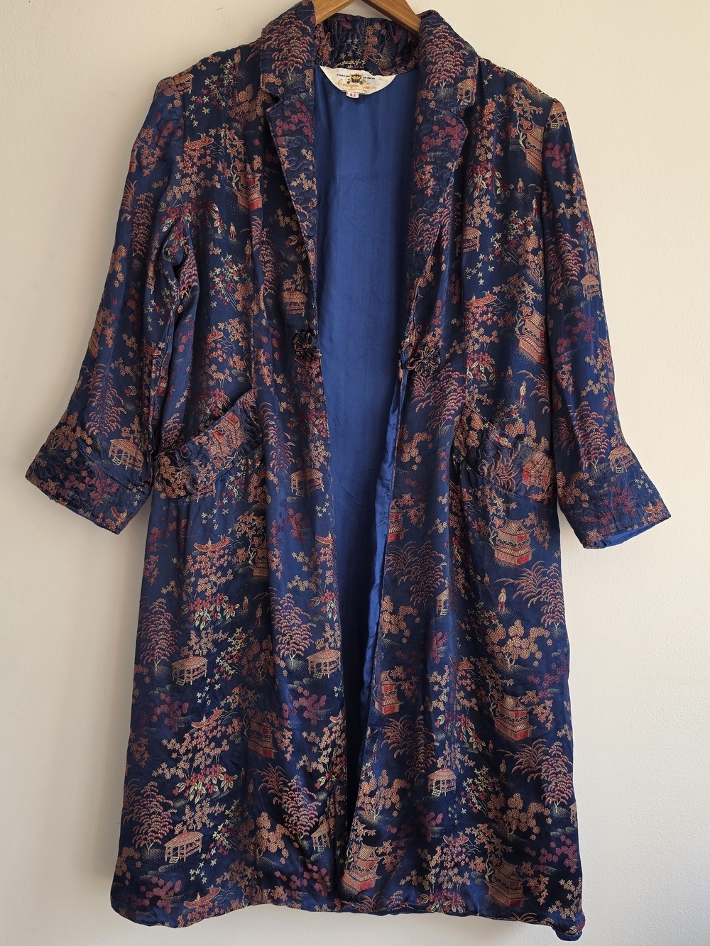 Vintage Carruagem Dourada Asian Kimono Jacket 42 Embroidered Brocade Blues